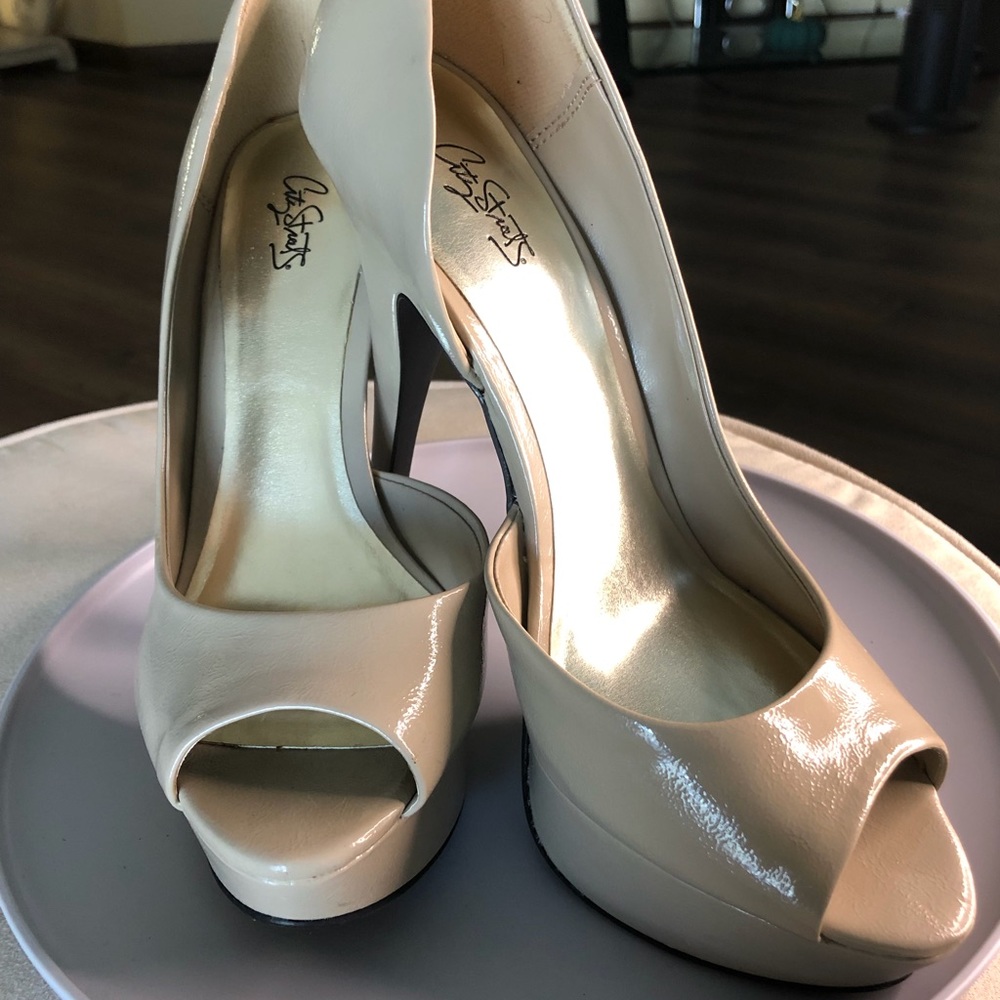 Nude open toe heels